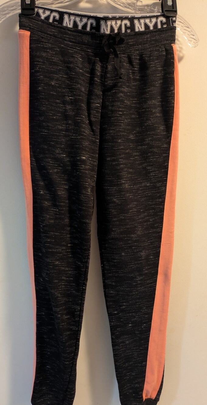 Extremely Me Girls Black Marl NYC Joggers Sweatpants Pink Stripe Size 14/16